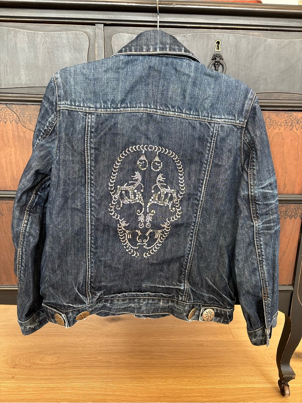 Thomas Wylde Skull Jean Jacket, Distressed Crystal Denim Dark Wash Biker 6